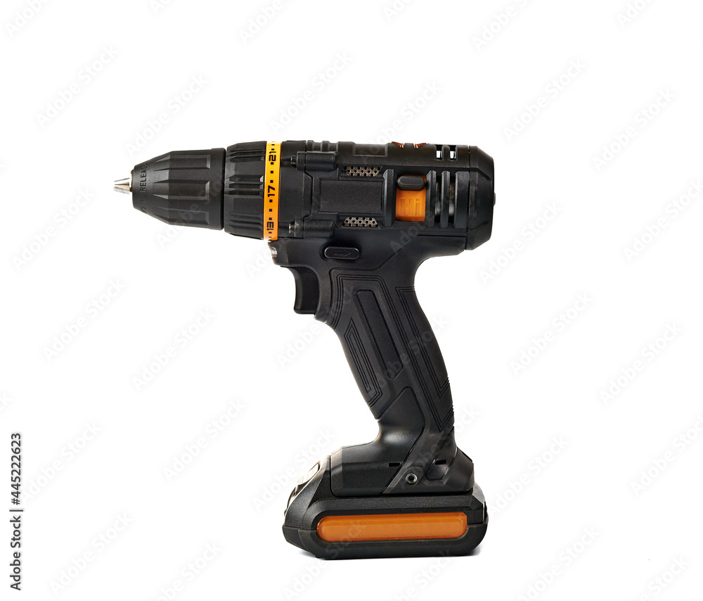 black cordless drill, isolate on white background, close-up