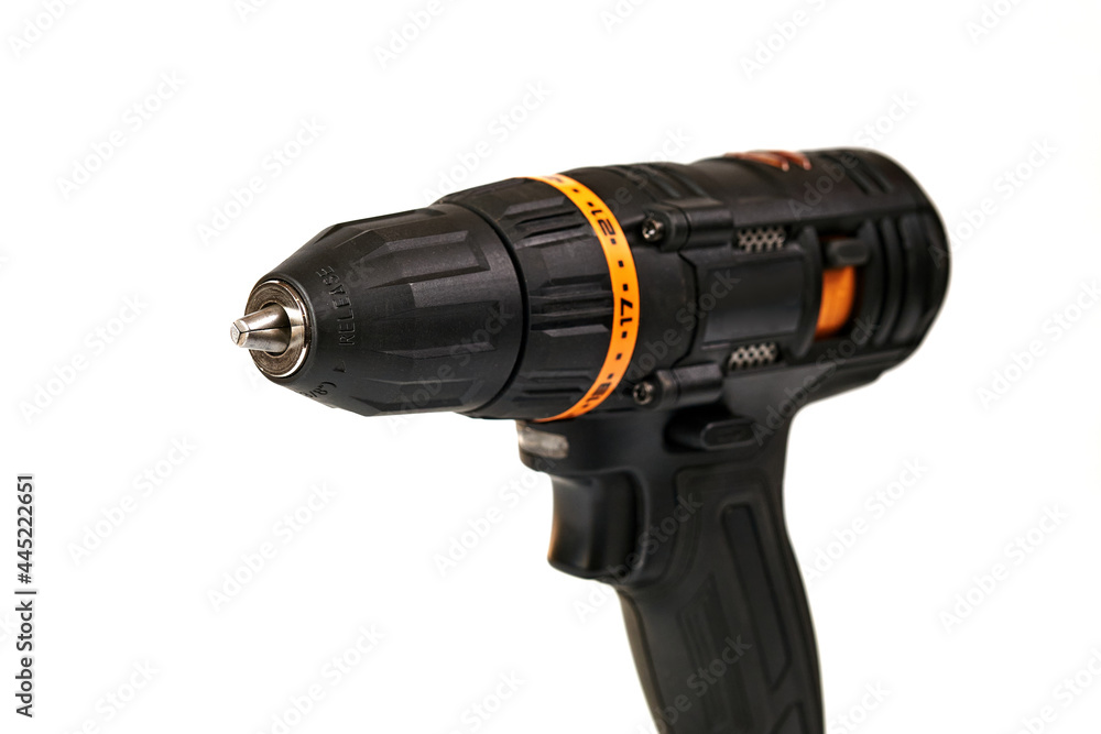 black cordless drill, isolate on white background, close-up black cordless drill, isolate on white background, close-up