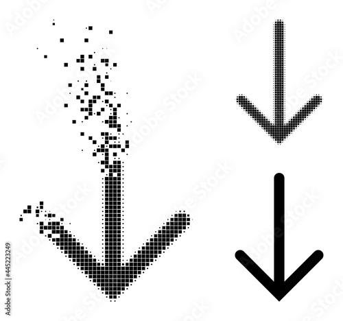 Dissipated dotted arrow down pictogram with wind effect, and halftone vector pictogram. Pixel burst effect for arrow down shows speed and movement of cyberspace matter.