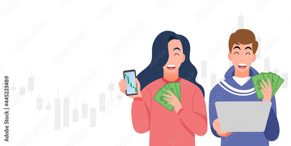 Happy young men and women trading stocks market,cryptocurrency, get profit,hold smartphone and laptop,investing concepts, Candlestick graph,internet earning cash study,winning plenty of money,vector