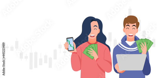 Happy young men and women trading stocks market,cryptocurrency, get profit,hold smartphone and laptop,investing concepts, Candlestick graph,internet earning cash study,winning plenty of money,vector