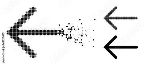 Dispersed dotted arrow left glyph with destruction effect, and halftone vector image. Pixel disintegrating effect for arrow left gives speed and motion of cyberspace concepts.