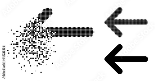 Disappearing dot arrow left glyph with wind effect, and halftone vector pictogram. Pixel disappearing effect for arrow left shows speed and motion of cyberspace abstractions.