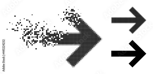 Dissipated pixelated arrow right glyph with wind effect, and halftone vector pictogram. Pixelated explosion effect for arrow right shows speed and movement of cyberspace items.