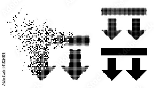 Burst pixelated bring down pictogram with wind effect, and halftone vector pictogram. Pixelated dematerialization effect for bring down demonstrates speed and movement of cyberspace things.