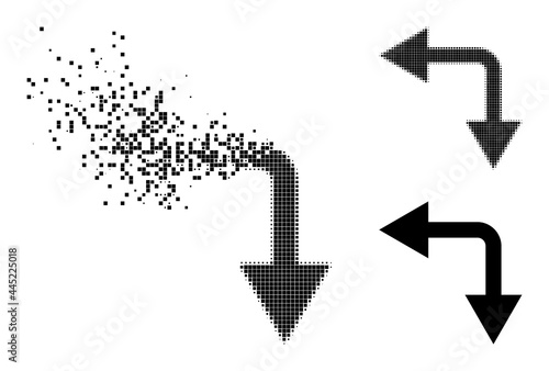 Disintegrating pixelated bifurcation arrow left down pictogram with wind effect, and halftone vector pictogram.