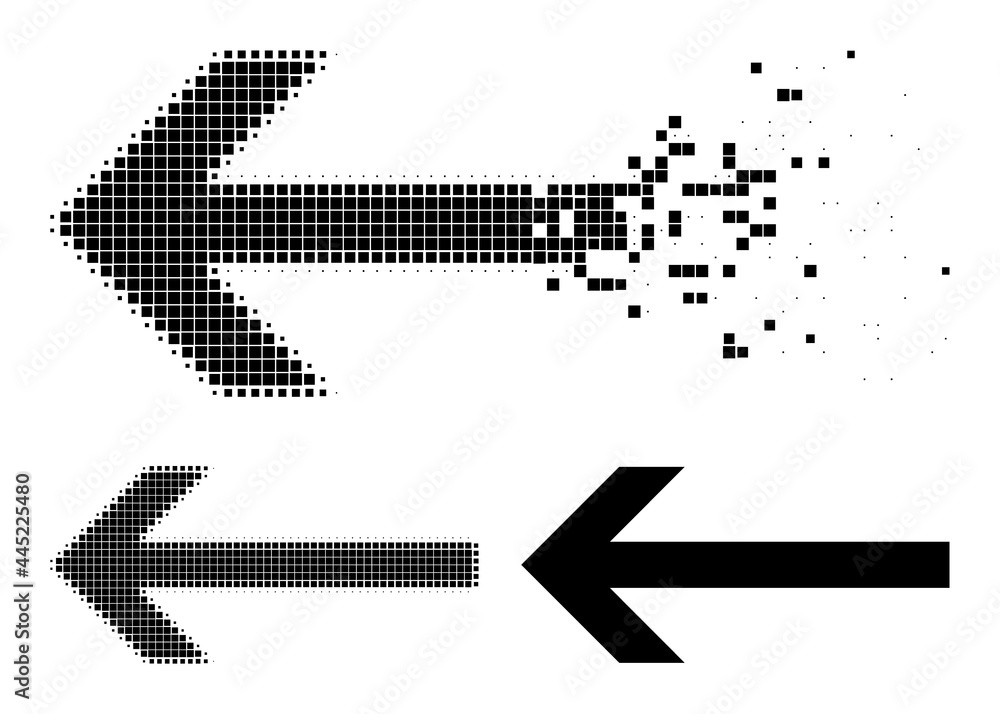 Disappearing pixelated arrow left icon with wind effect, and halftone vector icon. Pixelated dust effect for arrow left gives speed and motion of cyberspace things. Disappearing pixelated arrow left icon with wind effect, and halftone vector icon. Pixelated dust effect for arrow left gives speed and motion of cyberspace things.