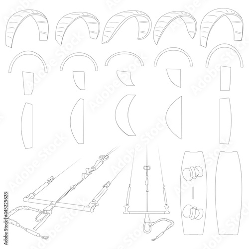 Kiteboarding or kitesurfing. Detailed illustration of sports equipment. Variety of kites.