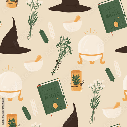 Witchcraft seamless pattern. Magical occult elements for magic shop for witches concept. Esoteric and mystic symbols. Vector illustration in cartoon style. Isolated on white background.