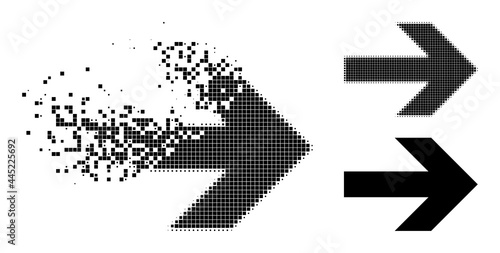 Disappearing dot arrow right pictogram with wind effect, and halftone vector pictogram. Pixel degradation effect for arrow right demonstrates speed and motion of cyberspace concepts.
