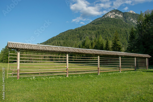 Traditional slovenian hayrack (Kozolec). Wooden construction for drying hay.
