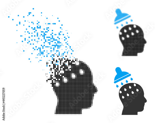 Disappearing pixelated brain washing glyph with wind effect, and halftone vector symbol. Pixelated abrasion effect for brain washing shows speed and movement of cyberspace abstractions.