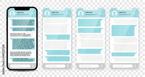 Smartphone with messenger chat interface template. Vector illustration on transparent background isolated
