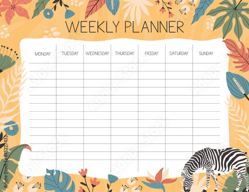 Tropical weekly planner concept. with hand drawn illustrations.