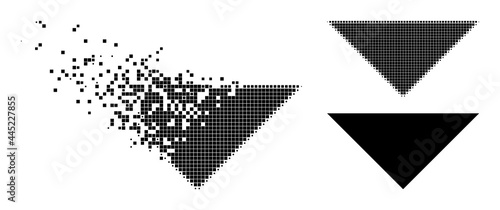 Dissipated pixelated arrowhead down glyph with destruction effect, and halftone vector icon. Pixelated dissolving effect for arrowhead down gives speed and movement of cyberspace abstractions.