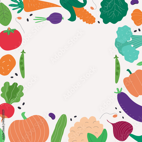 Vegetarian diet for healthy concept. Colorful Frame with vegetables and greens. Flat illustration.