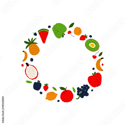 Vegetarian and raw food diet concept. Colorful card for print or web design with fruits and copy space for text. Flat illustration.