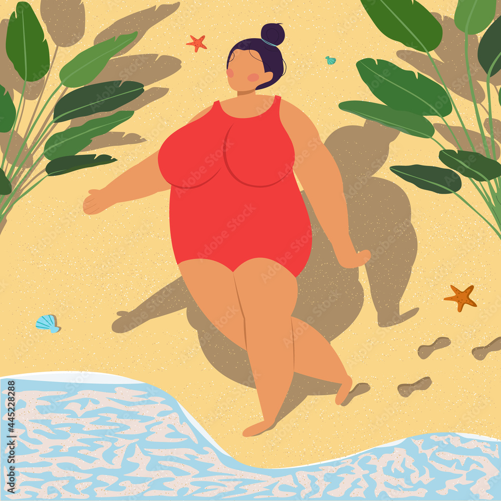 Body positive concept. Attractive chubby woman in swimsuit walks among palms heading to the sea. Hand drawn illustration with happy plus size girl. Colorful style poster