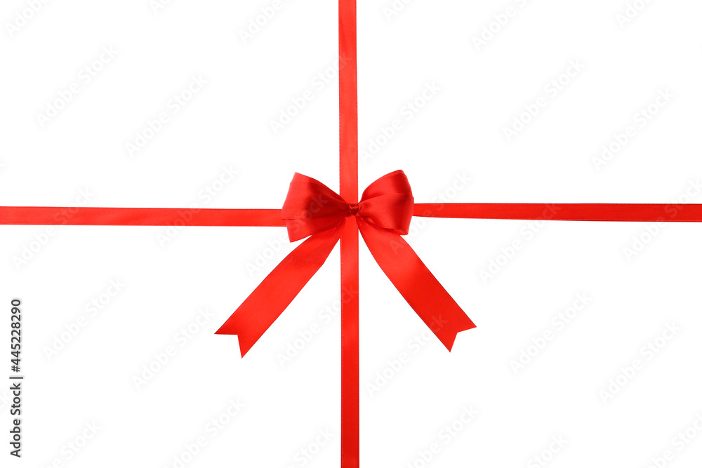 Red ribbon with bow on white background. Festive decoration