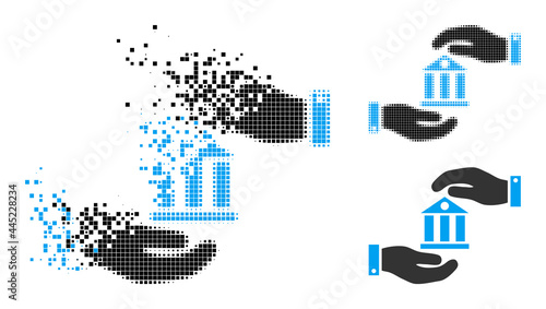 Dissipated dot bank service pictogram with destruction effect, and halftone vector pictogram. Pixel dissipation effect for bank service gives speed and motion of cyberspace abstractions.