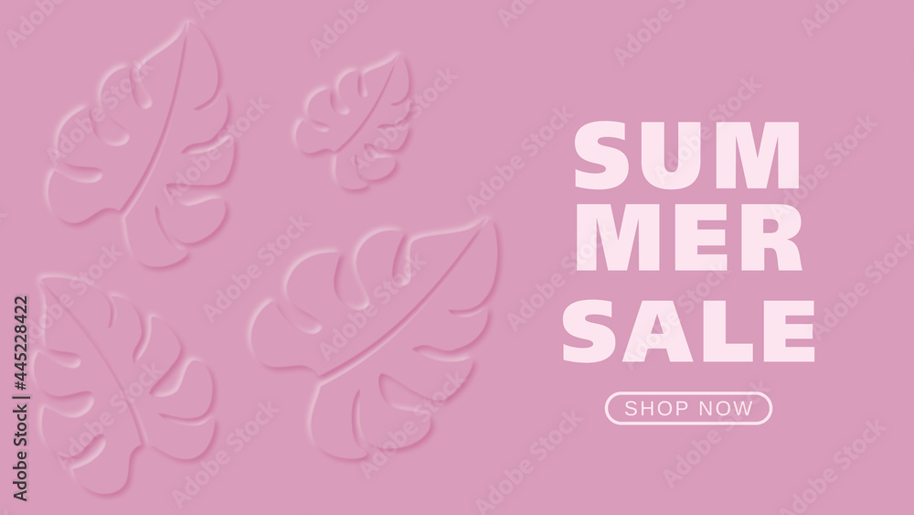 Pink summer banner for seasonal promotional sales with blurred decorative leaves and shadows - Modern summer background concept.
