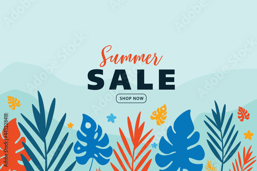 Summer sales promotional banner with a decorative tropical leaf design and a blue wave background.