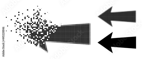 Disappearing dot arrow left glyph with destruction effect, and halftone vector composition. Pixelated disappearing effect for arrow left reproduces speed and movement of cyberspace concepts.