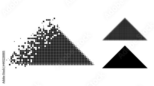 Dissipated dotted arrowhead up pictogram with destruction effect, and halftone vector pictogram. Pixel creation effect for arrowhead up demonstrates speed and motion of cyberspace objects.