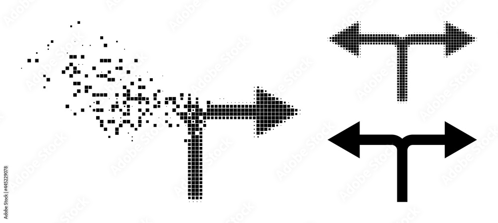 Dissolved dotted bifurcation arrows left right pictogram with wind effect, and halftone vector pictogram. Dissolved dotted bifurcation arrows left right pictogram with wind effect, and halftone vector pictogram.
