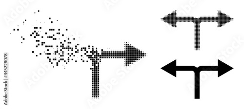 Dissolved dotted bifurcation arrows left right pictogram with wind effect, and halftone vector pictogram.