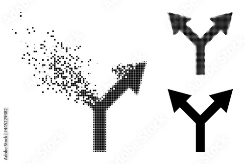 Disintegrating pixelated bifurcation arrow up glyph with wind effect, and halftone vector image.