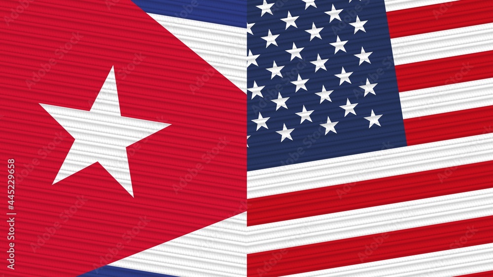 United States of America and Cuba Two Half Flags Together Fabric Texture Illustration