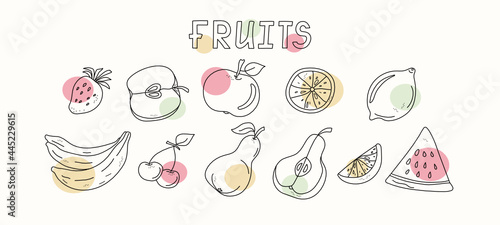 Set of abstract fruits . Icons.  Summer juicy fruits whole and slices. Doodle style. Drawings with a black outline on colored spots. Vector graphics. Isolated background.
