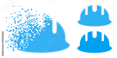 Dispersed dot builder hardhat icon with wind effect, and halftone vector icon. Pixel degradation effect for builder hardhat shows speed and motion of cyberspace matter.