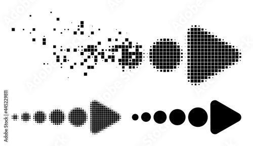 Moving dotted arrow right pictogram with destruction effect, and halftone vector pictogram. Pixel dissolution effect for arrow right reproduces speed and movement of cyberspace matter.