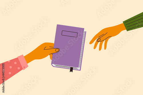Books swap, exchange or crossing. Reading party, school literature event. Man or woman hand gives book to friend. Read books lovers. College education. Bookworm, bookstore, library vector illustration