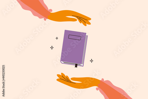 Woman hands holding magic book. Fairy tale story. Elegant girl in a pink blouse reading literature. Read books lover. Education, literacy day concept. Book swap, bookstore, library vector illustration