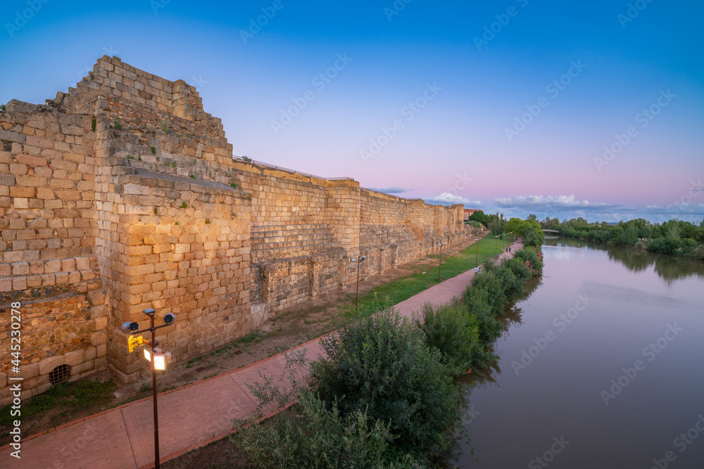 Moorish fortification next to the Guadiana river in Merida at sunset 