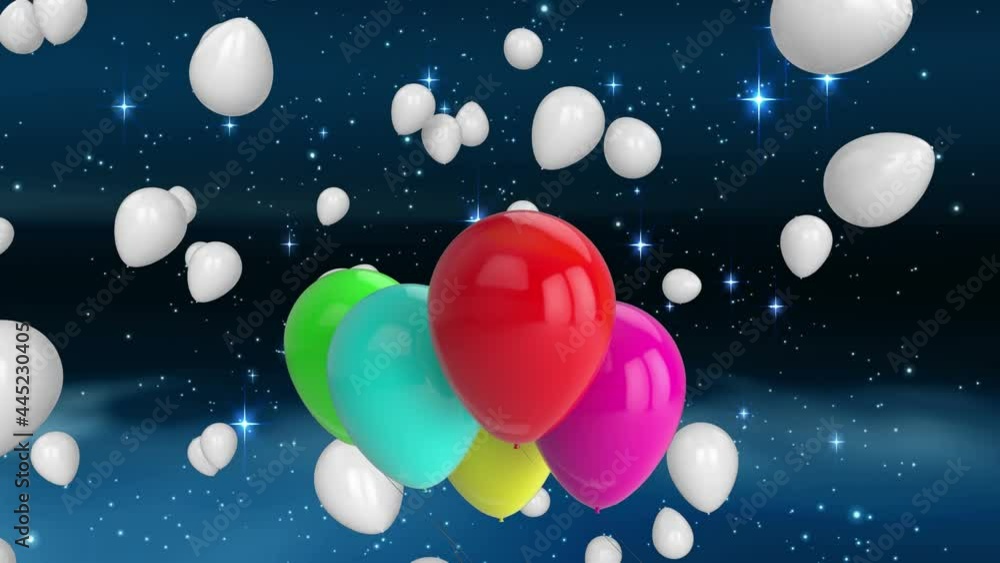 Animation of confetti falling and multi coloured balloons flying on blue background Animation of confetti falling and multi coloured balloons flying on blue background