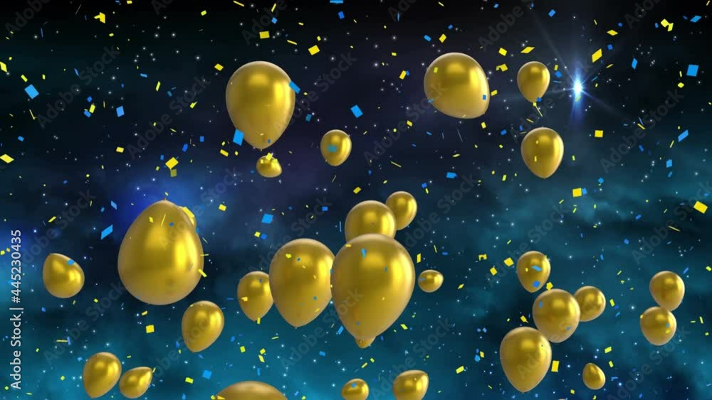 Animation of confetti falling and gold balloons flying on blue background Animation of confetti falling and gold balloons flying on blue background