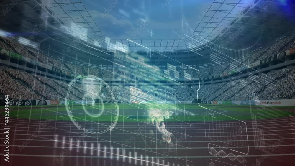 Animation of data processing on digital interface over sports stadium Animation of data processing on digital interface over sports stadium