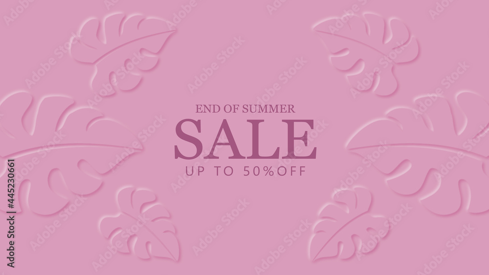 Summer sale banner on vector pink background with tropical leaves paper cut design.