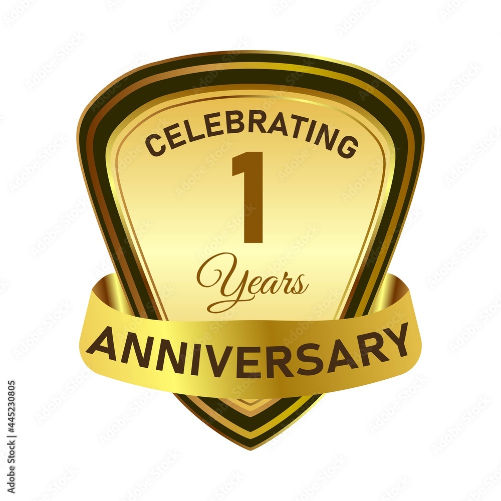 Fototapeta premium 1-year special anniversary badge design with golden gradient color. Anniversary royal badge design with a shield shape. Golden and Black badge design with ribbon vector illustration.