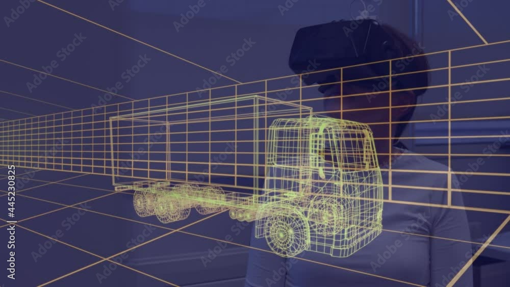 Animation of 3d car drawing over woman wearing vr headsets Animation of 3d car drawing over woman wearing vr headsets
