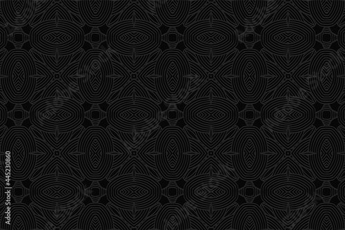 3D volumetric convex embossed decorative black background. Ethnic oriental, asian geometric pattern with handmade elements. Ornament for design and decor, textiles, wallpaper, presentations.