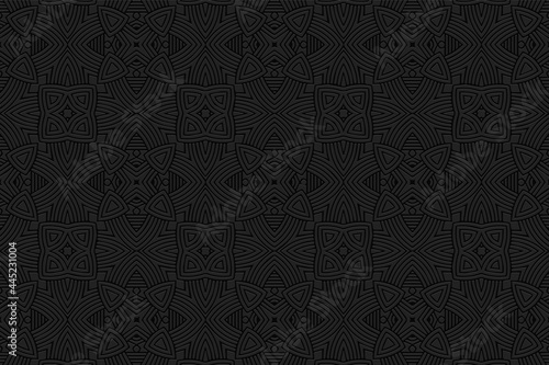 3D volumetric convex embossed artistic black background. Ethnic oriental, asian geometric pattern with handmade elements. Ornament for design and decor, textiles, wallpaper, presentations.