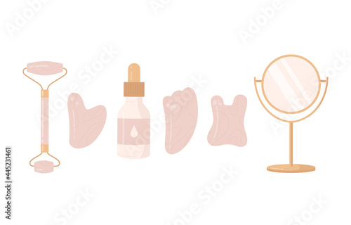 Various trendy gua sha scraper, natural rose quartz crystal roll on face massager, face oil and mirror. Gua Sha skin care concept. Flat cartoon vector illustration. Isolated on white background. 
