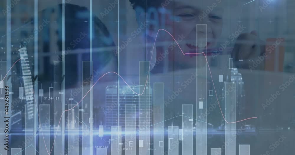 Animation of financial data processing over happy schoolgirl Animation of financial data processing over happy schoolgirl