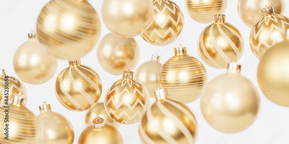 Christmas or New Year holidays banner background with golden baubles or ornaments, 3d render Christmas or New Year holidays banner background with golden baubles or ornaments, 3d render