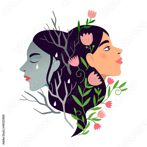 Two women with different states of consciousness mind depression and positive mental health. Burnout and productive woman. Vector psychotherapy or psychology support concept.